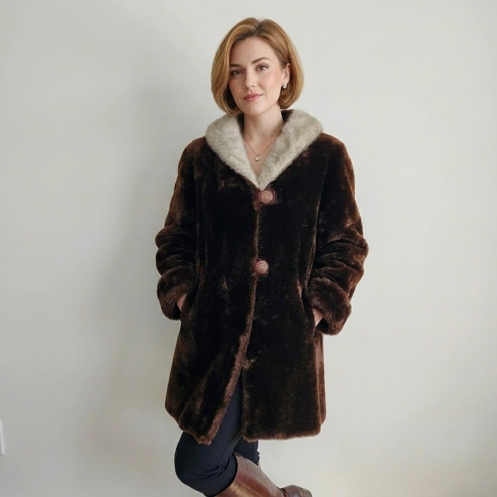 Vintage Faux Fur Swing Coat Womens M‎ Honey Mink Fur Collar 50s Lucite Buttons